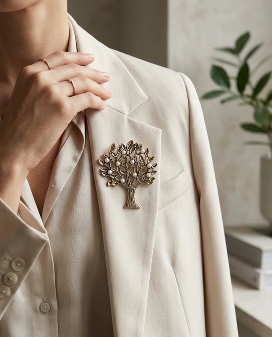 Gedragen bronzen levensboom-broche met parels, op een beige blazer.