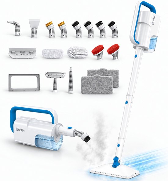 Bollit 20-in-1 stoomreiniger in wit en blauw met diverse opzetstukken, inclusief handheld en steelstomer functies.