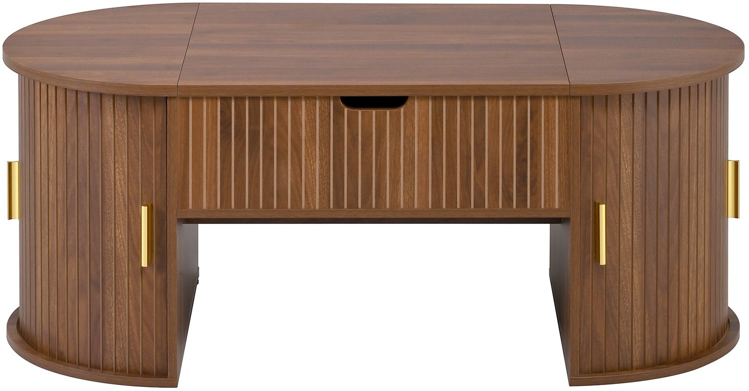 SONNENH Ovale lift-up salontafel met schuifdeuren en zijvakken - MDF - 100 cm - Walnootlook