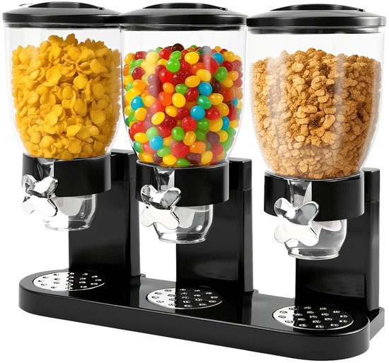 Zwarte driedubbele dispenser met transparante reservoirs gevuld met cornflakes, snoep en muesli.