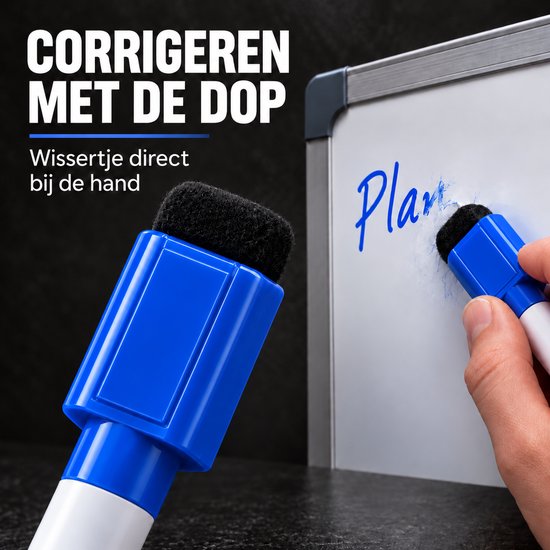 BlackBear Whiteboardmarkers - Blauw - 2 stuks - Met blauwe wisser - Magnetische dop met wissertje - Droog uitwisbaar