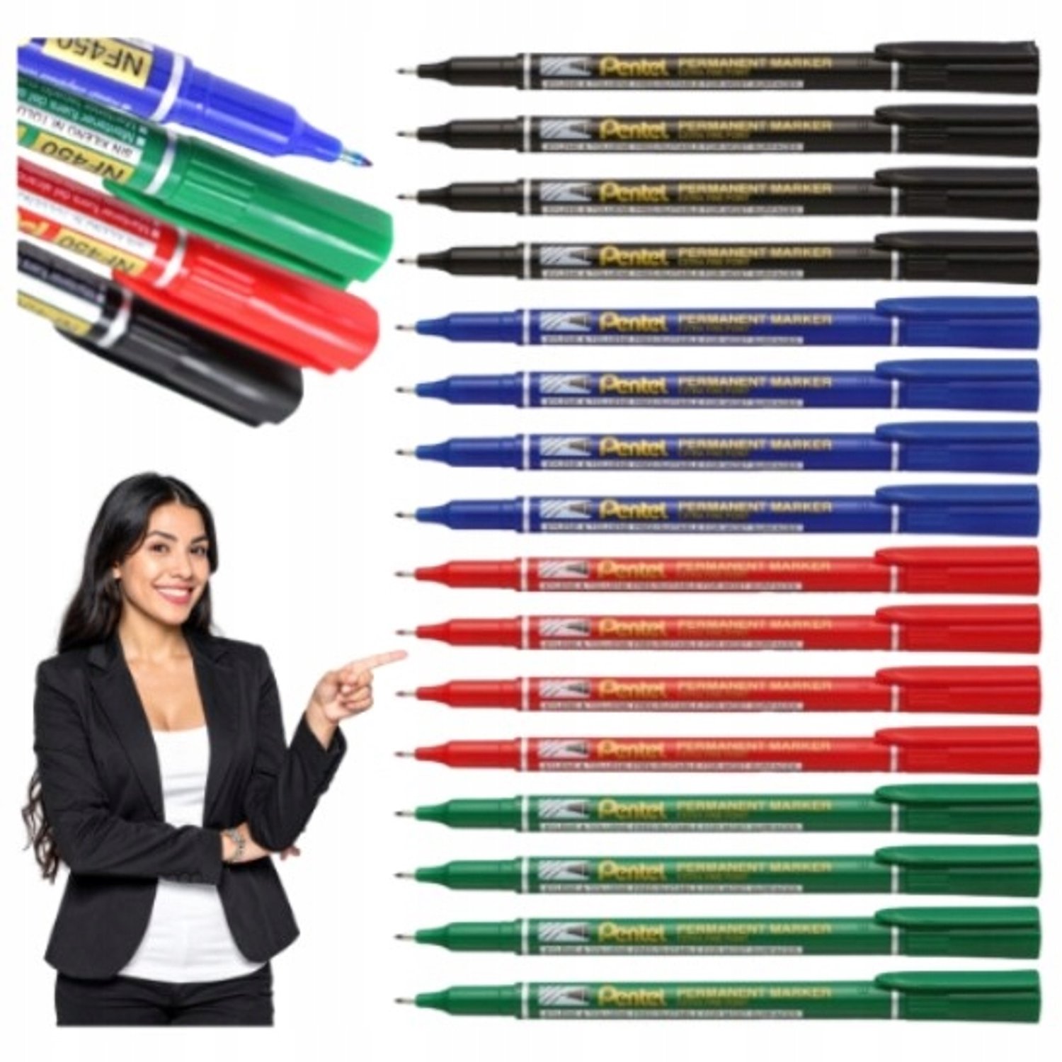 Pentel NF450 Foliopennen Set - 16 stuks, 4 kleuren, fijne punt (0.6mm)