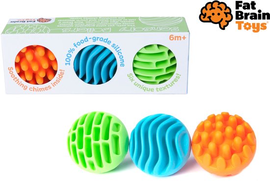 Drie gekleurde sensorische rollen van siliconen met unieke texturen en belletjes in een Fat Brain Toys verpakking.