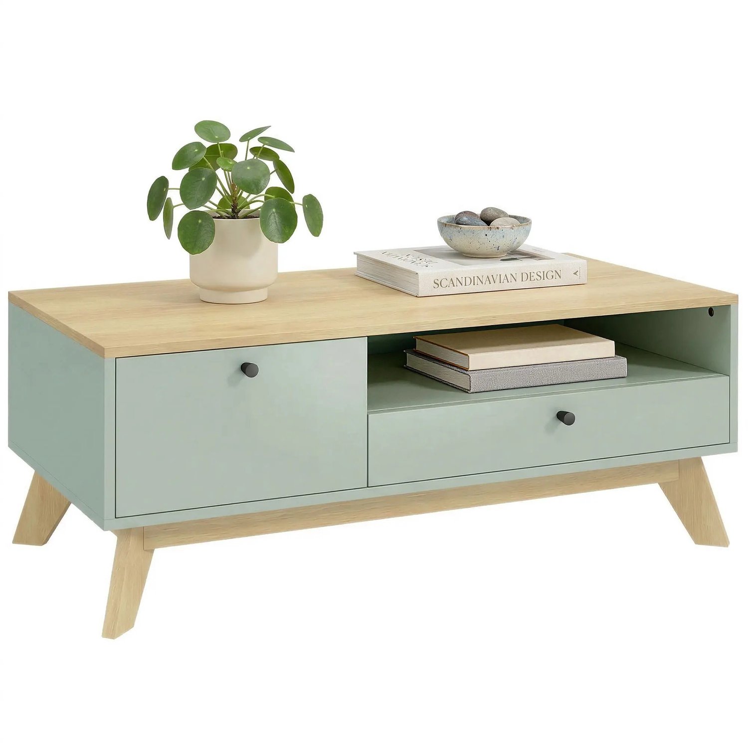 Gudalio Salontafel - Bijzettafel - Koffietafel - Banktafel - Opbergruimte - Modern - 100 x 50 x 40 cm - Hout - Eiken - Lichtgroen