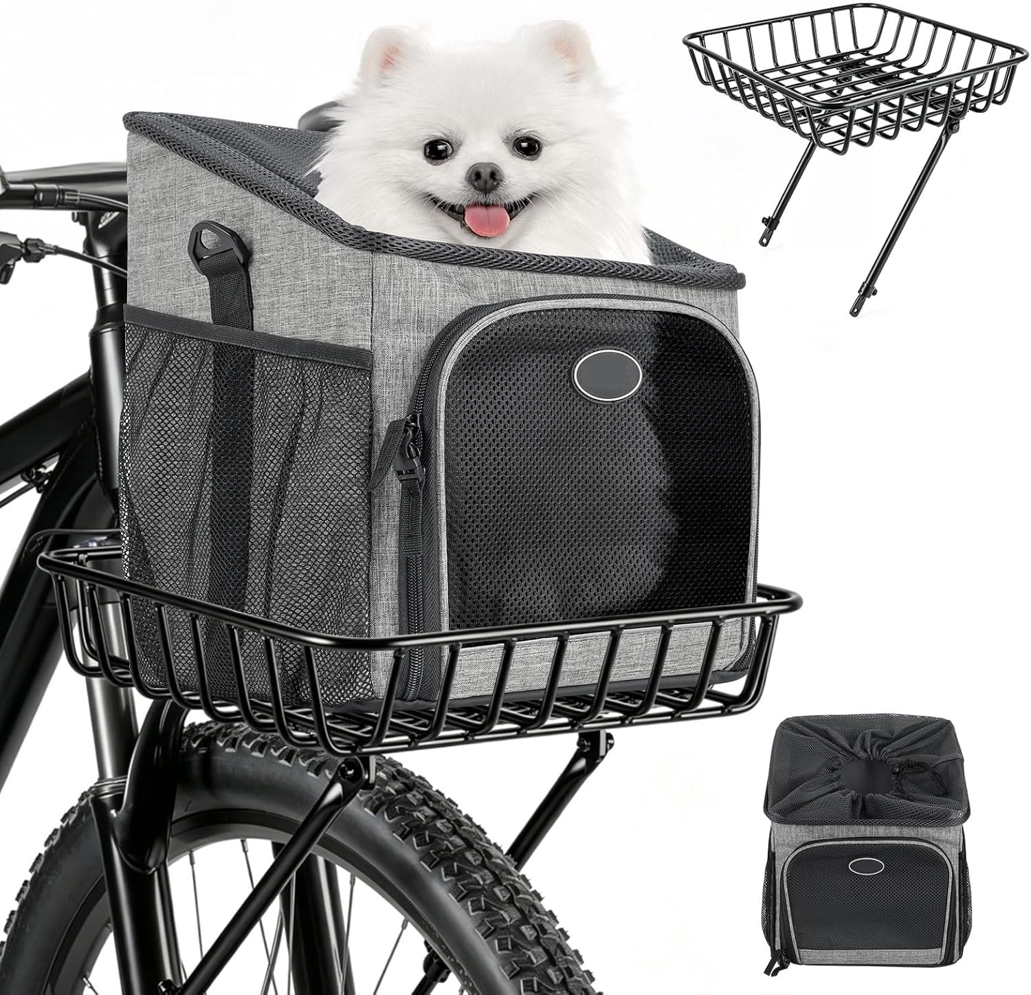 SnelShoppen - Dog Bike Basket en Ademend Dog Backpack tot 5,5 kg, Vouwbare Hondenrugzak, Fietstas voor Voorop, Verstelbare Montage voor Fietsen, E-Bik