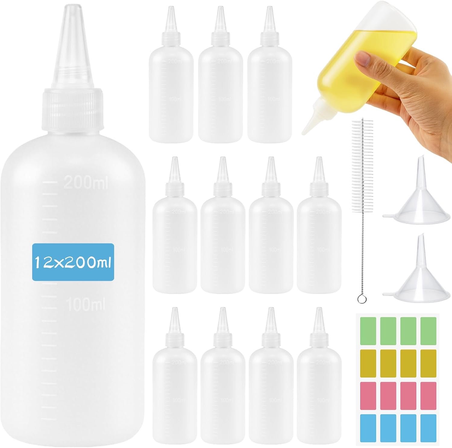 SnelShoppen - 12Pcs Squeeze Bottles 200ml - Herbruikbare Plastic Sauce Bottels - Kleine Doseerflessen voor Keuken, Olie, Sauzen, Pigment - Inclusief S