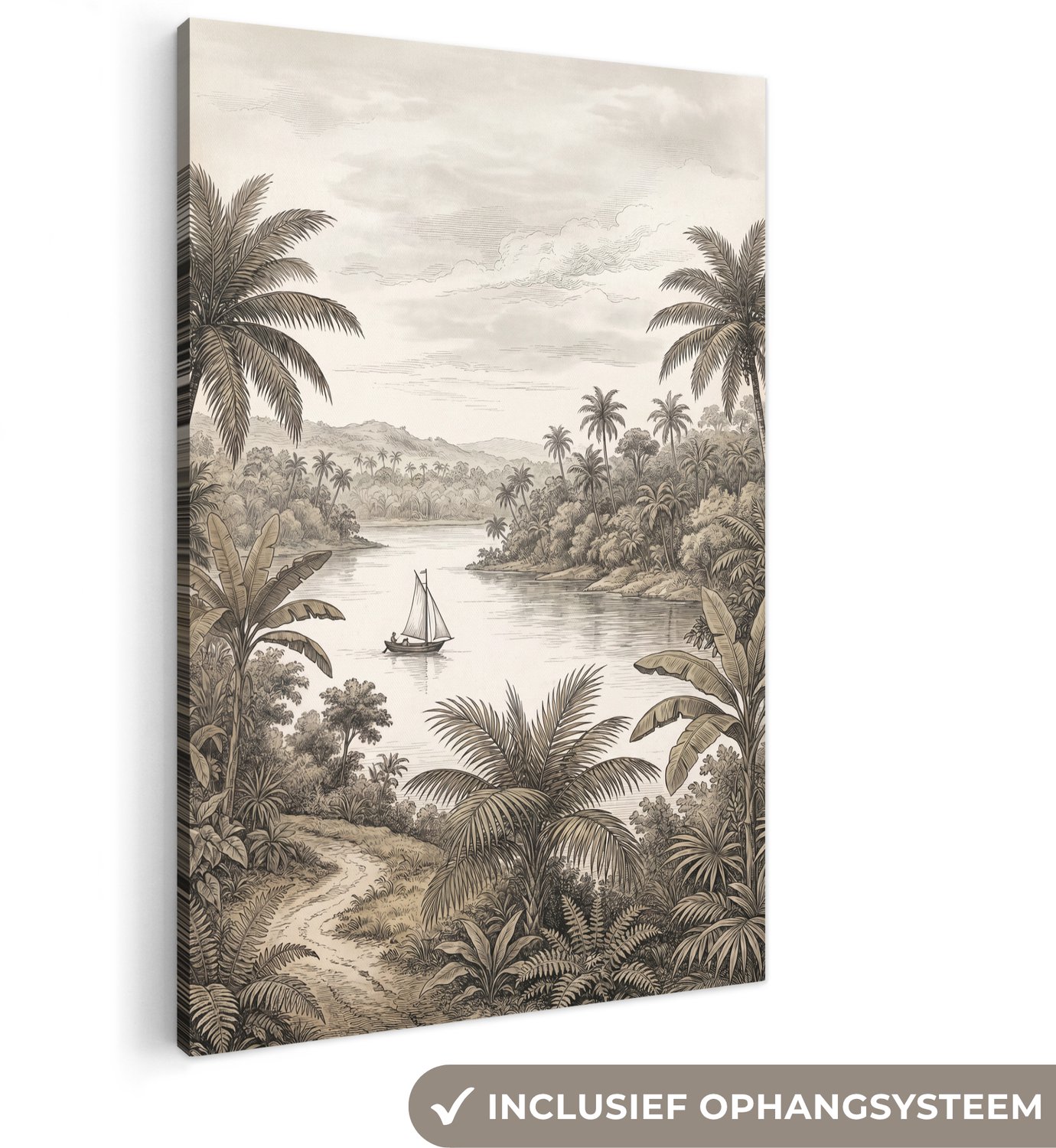 Canvas schilderij 80x120 cm - Exclusieve wanddecoratie Landschap - Rivier - Boot - Tropisch - Vintage - Muurdecoratie woonkamer - Slaapkamer decoratie - Kamer accessoires - Schilderijen op canvas groot XXL