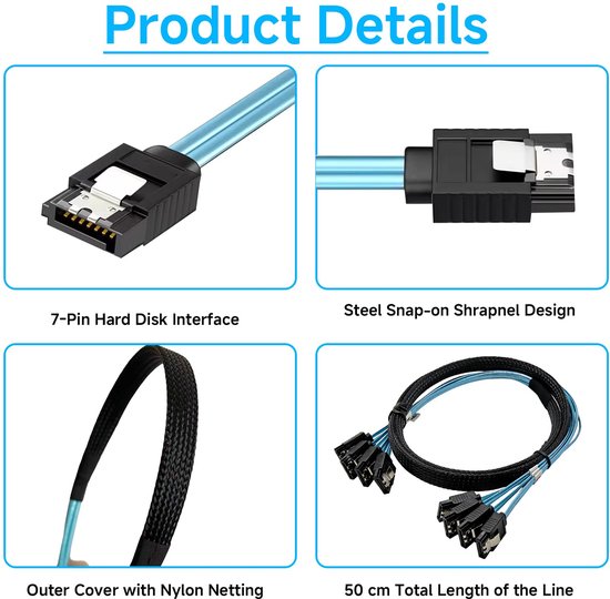 4-pack SATA 3 III-kabels (7-pins) voor servers – SAS 6 Gbps high-speed 7-pins SATA-datakabels — afbeelding 3