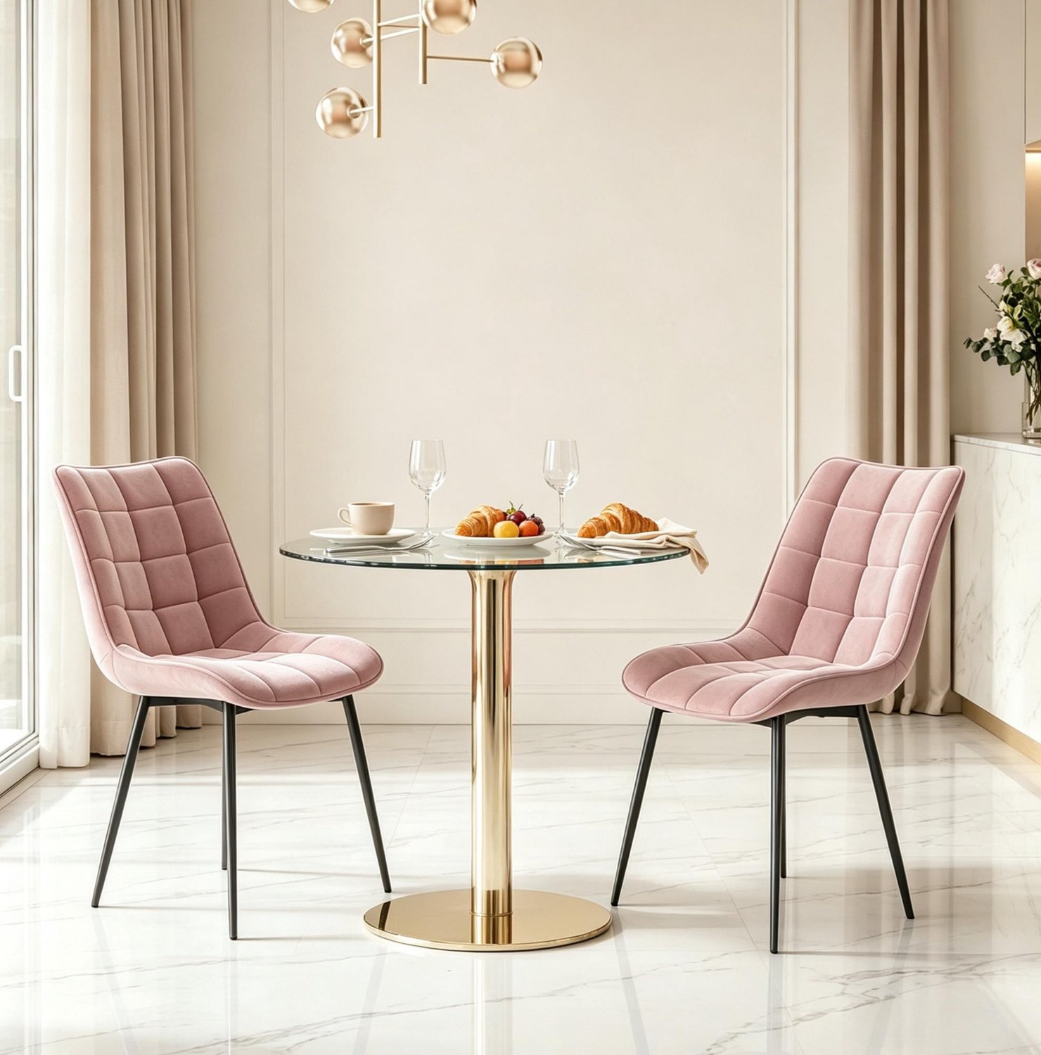 MODFU Eetkamerstoel - Gestikt Patroon - Modern - Velvet - Rose - Set Van 2 Roze