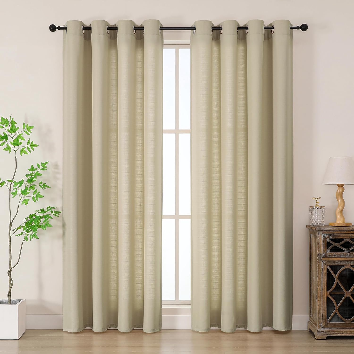 Gordijnen met ringen, halfdoorzichtig, 2-delig set, linnenlook, 140x183 cm