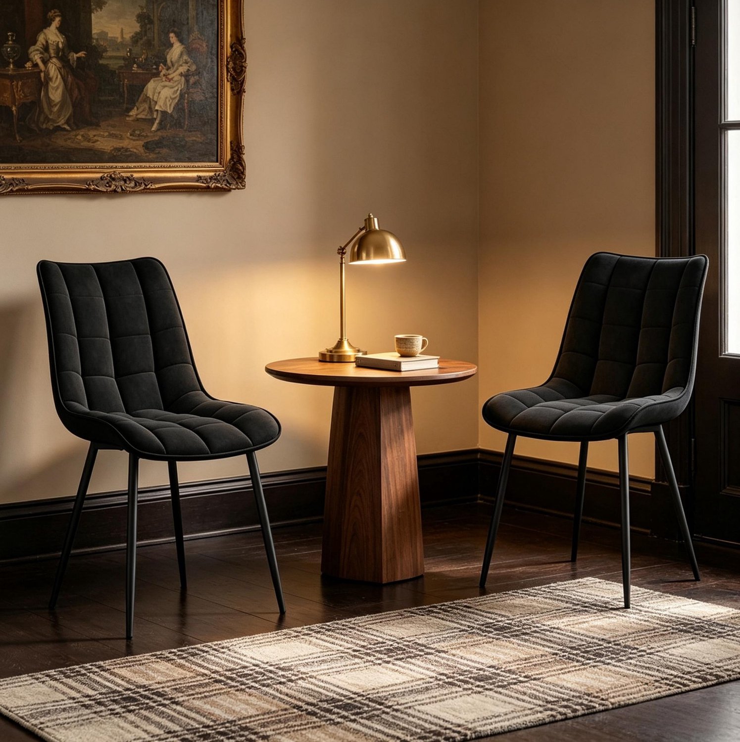 MODFU Eetkamerstoel - Gestikte Zitting - Design - Metalen Poten - Velvet - Zwart - Set Van 2