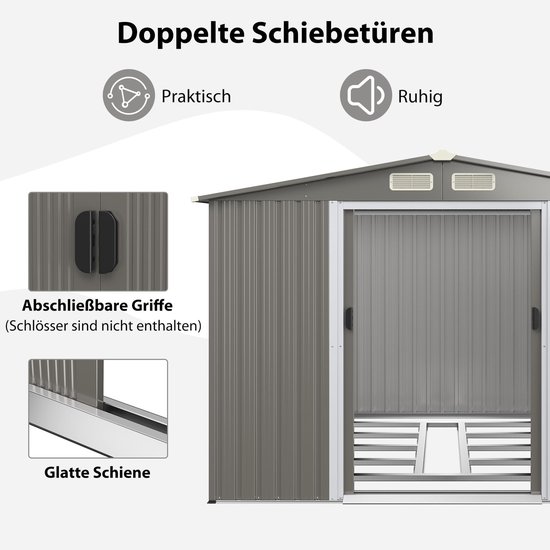 Grijze tuinschuur met nadruk op dubbele schuifdeuren, afsluitbare handgrepen en een soepele deurrail.