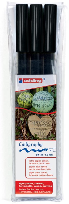 Edding Calligraphy verpakking met drie zwarte stiften. Voor papier, karton, terracotta en hout.