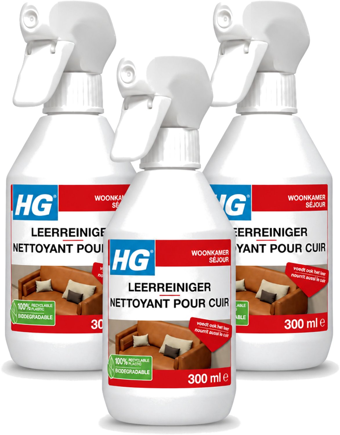 3 x HG - Leerreiniger Spray - Reinigt & Verzorgt - 300 ml - Voordeelverpakking - 3 stuks