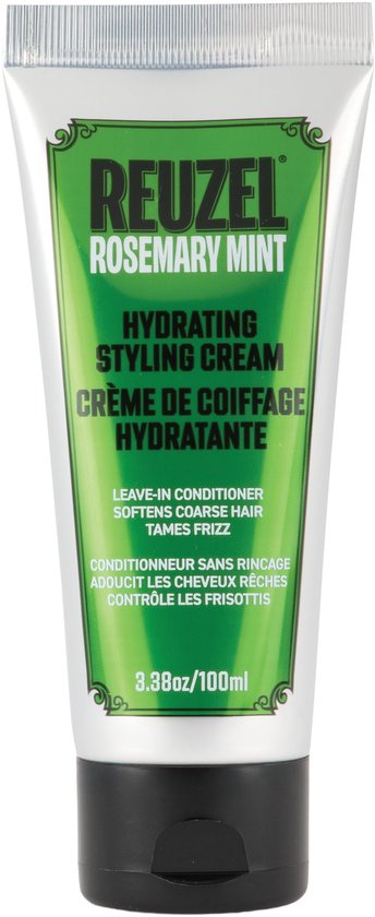 Reuzel Rosemary Mint Hydrating Styling Cream in een zilveren tube met een groen etiket, 100 ml.