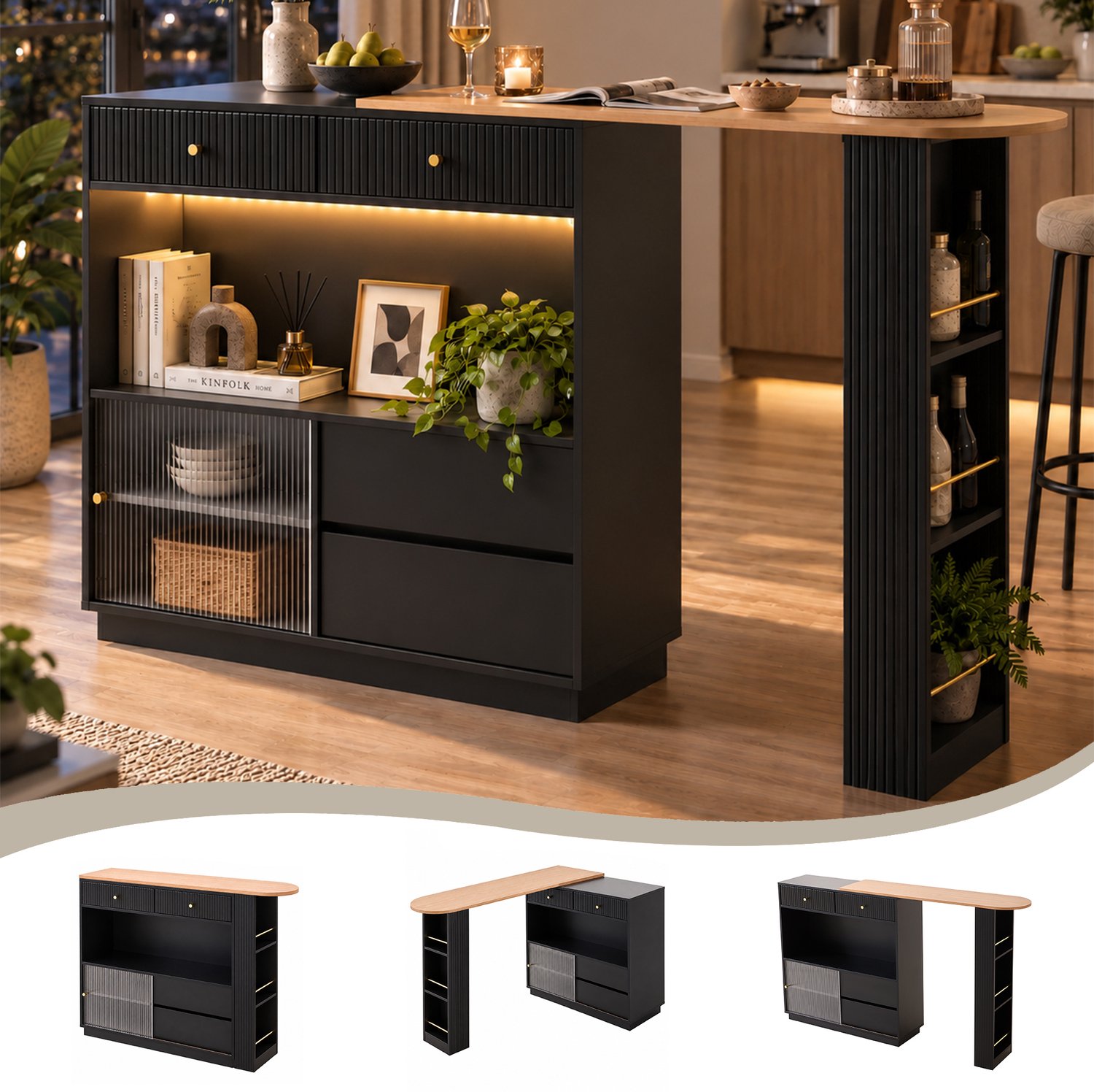 Clruro Bartafel - Tot 183 cm - 360° Draaibaar - LED en Opbergruimte - Spaanplaat/Acryl - Zwart