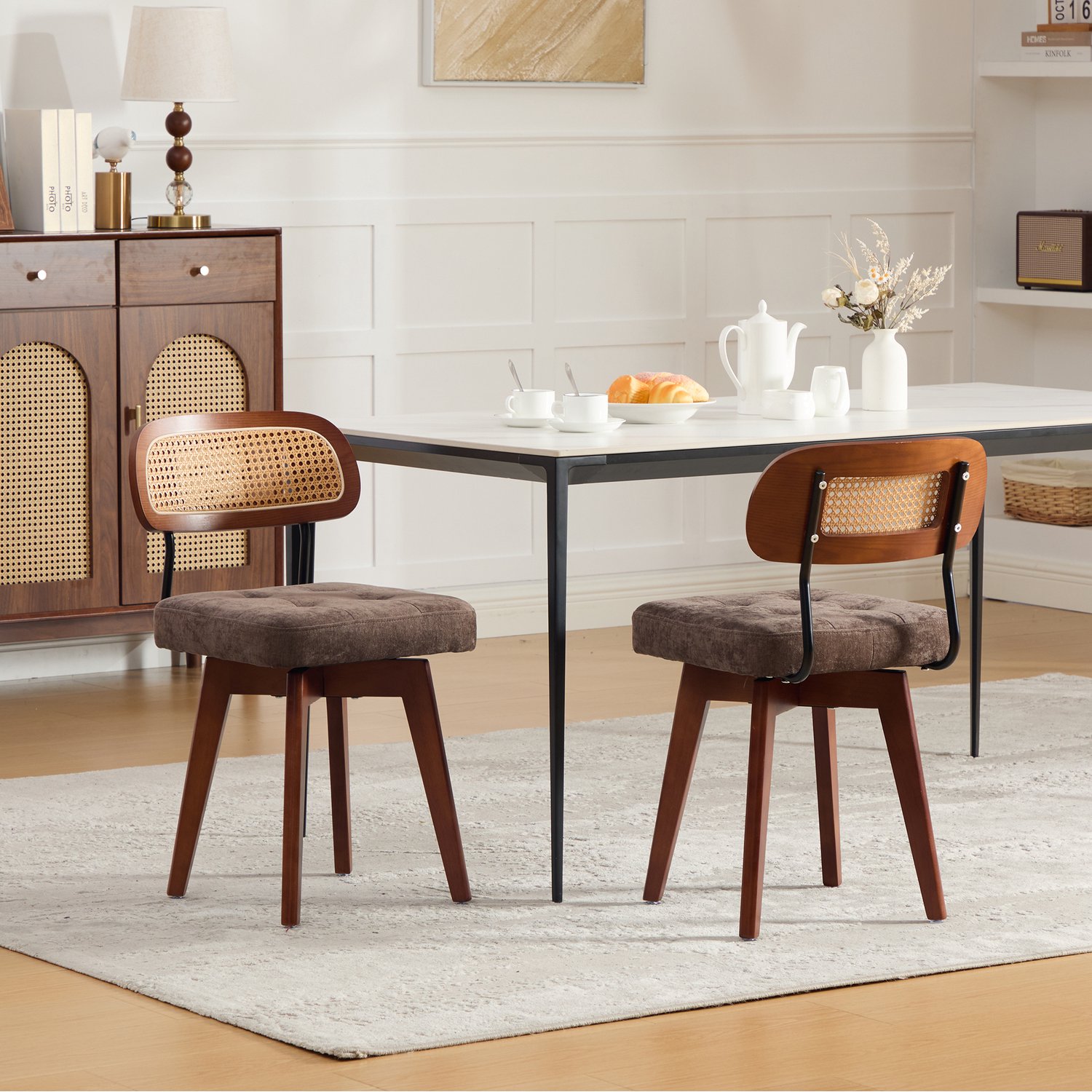 MODFU Eetkamerstoel - Set Van 2 - 360° Draaibaar - Rotan Rugleuning - Chenille - Koffie Koffiebruin