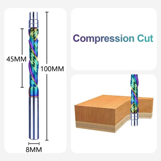 Compressiefrees van 100mm lang met 8mm schacht, snijdt door hout en andere materialen.