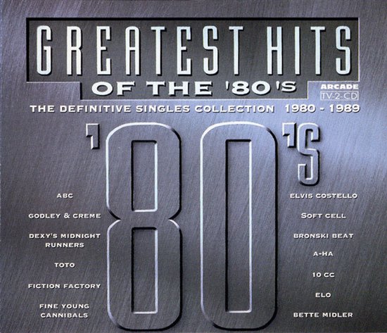Arcade cd-hoes 'Greatest Hits of the 80's' met een metallic grijze afwerking en namen van diverse jaren 80-artiesten.