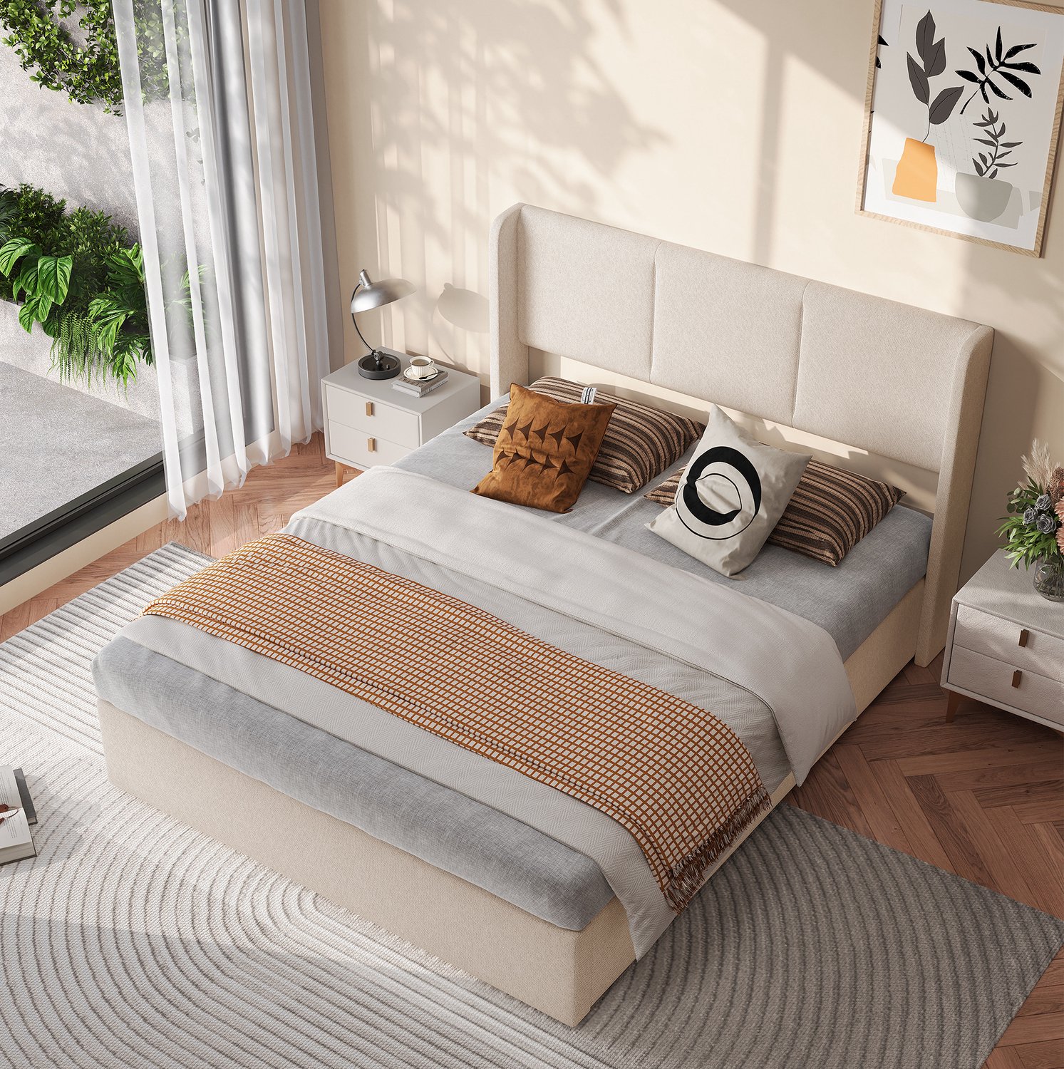 REDOM Gestoffeerd opbergbed 160x200 cm - Hydraulische bedbak - Beige
