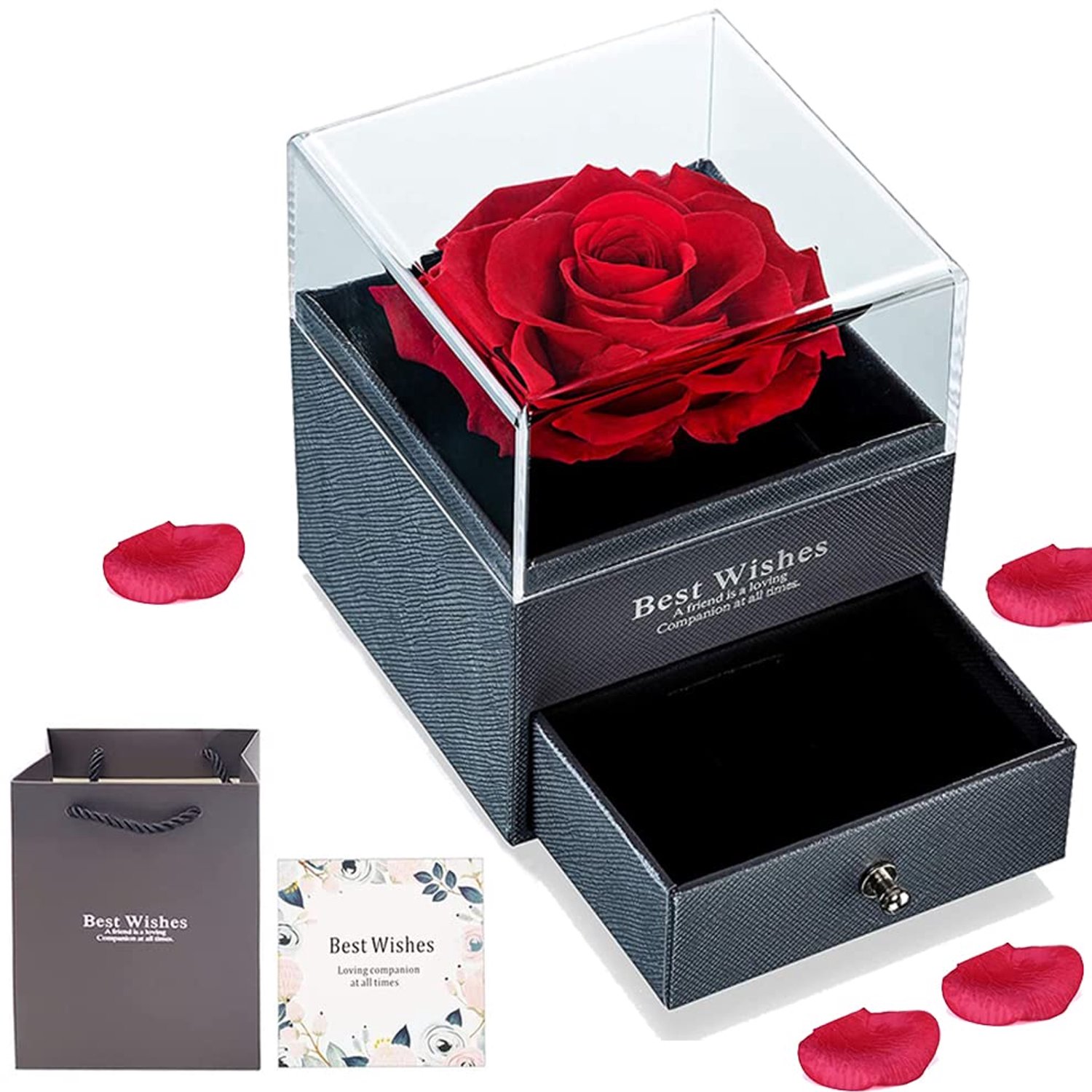 Geschenkdoos - Eeuwige echte geconserveerde roos - Geschenkzakje - Wenskaart - Romantisch geschenk - Hoogwaardige materialen - 10,5x9x9 cm - Bloemen