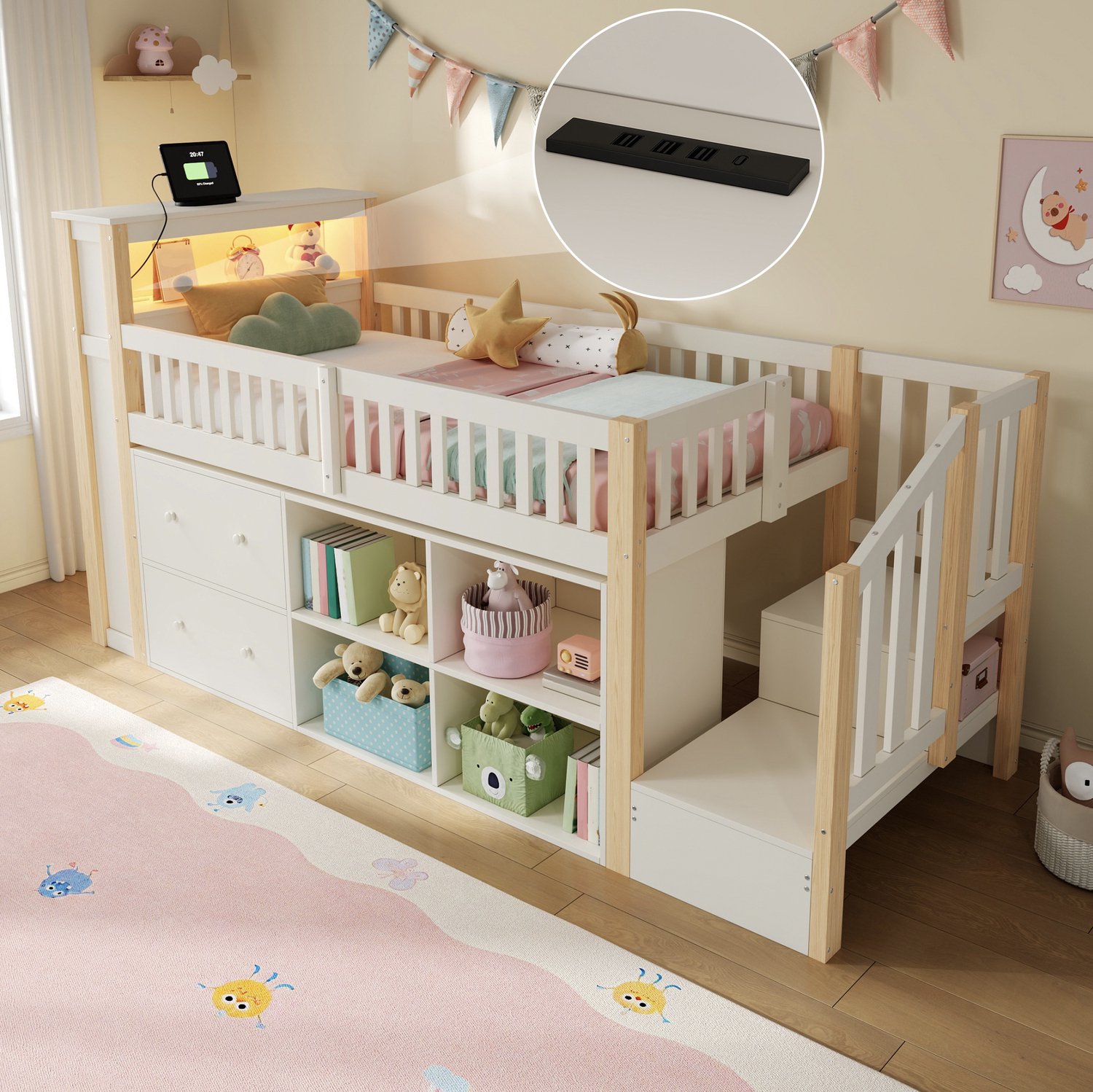 WUVRIE Halfhoogslaper 90x200 cm - Met trap, bureau, lades en LED-verlichting - Naturel/wit Natuur