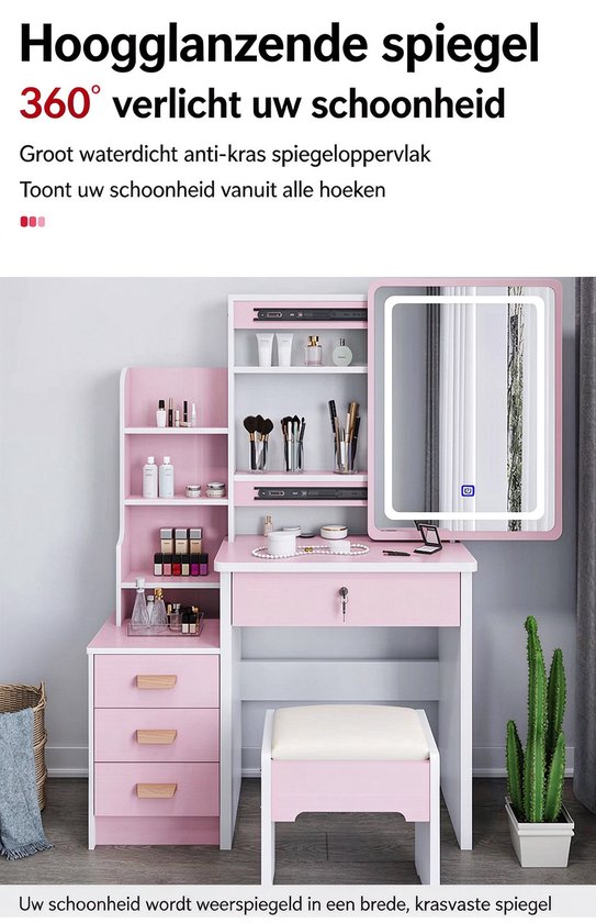 Roze kaptafel met 360 graden verlichte spiegel en krasvast oppervlak.