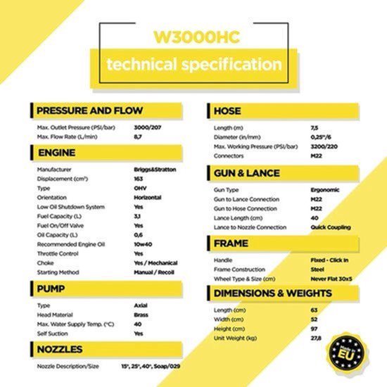 Hogedrukreiniger Benzine 3000 PSI - 163 cc Motor - 8,7 L/min Debiet - Zwart Geel - Voor Auto En Terras — afbeelding 4