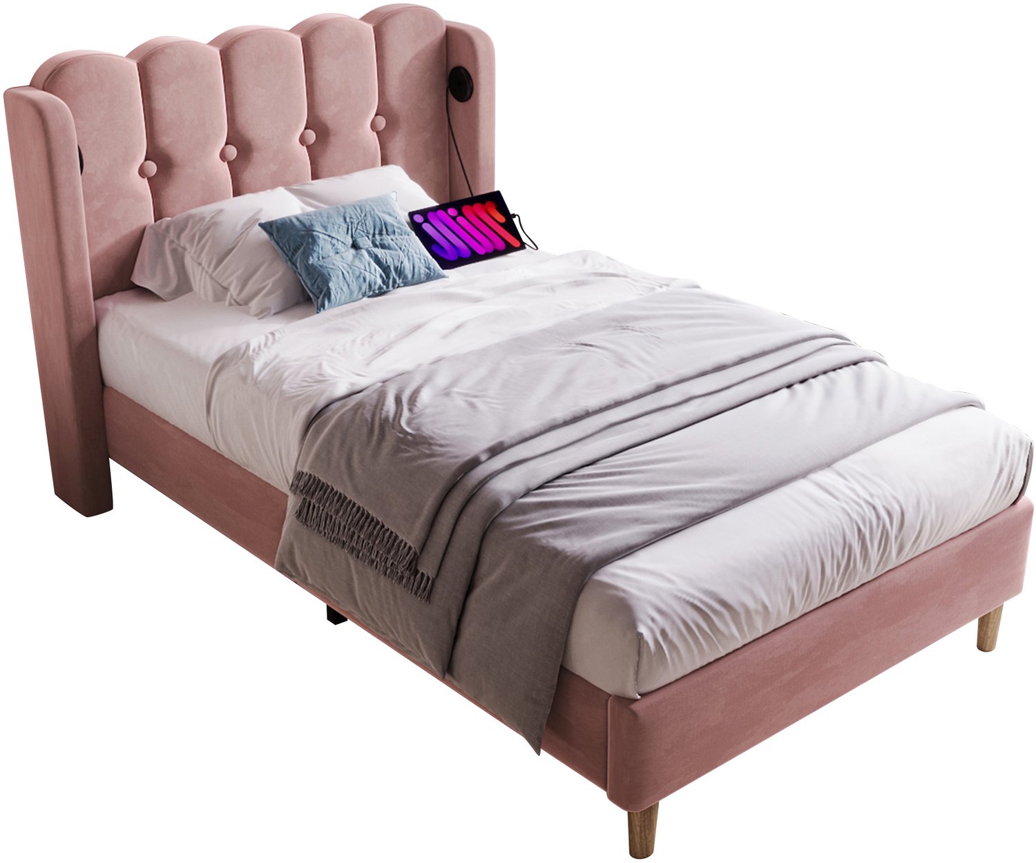 Welltin Eenpersoonsbed 90x200 - Fluwelen bed met USB en Type-C - Inclusief lattenbodem - Roze