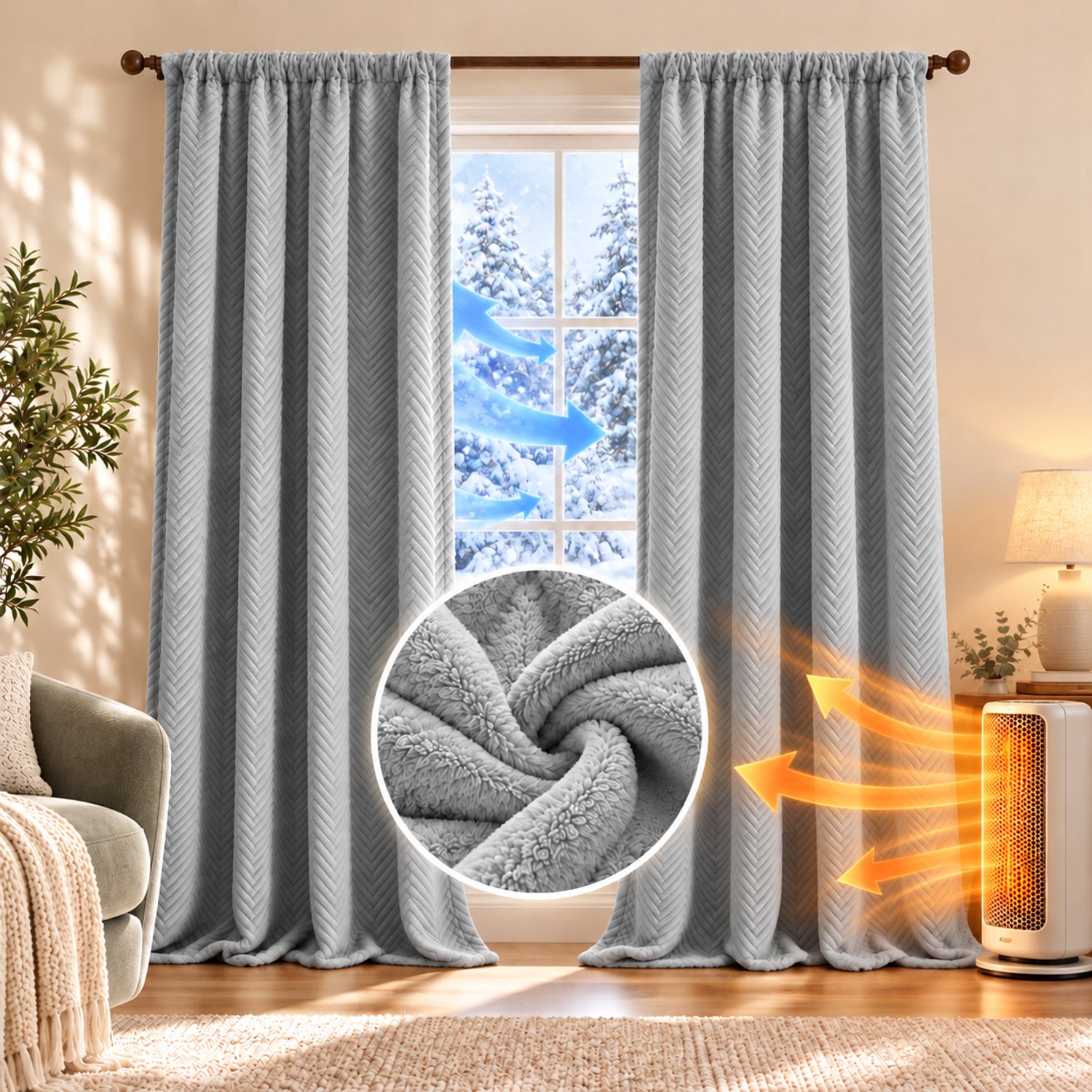 MUPOO Isolerende Gordijnen Kant-en-Klaar-Verduisterende Gordijnen 3-Laags Fleece 600 GSM+-Thermische Gordijnen 100% Verduisterend-Geluiddempend-Plooiband&Achterlussen-Scheidingsgordijn Woonkamer&Slaapkamer&Grote Ramen-Grijs-201Bx260H cm-2 Stuks
