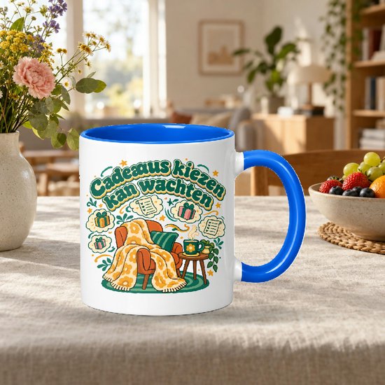 Retro jaren 70 Mok 'Cadeaus kiezen kan wachten' – Vintage theemok met dikke ronde letters voor ontspanning en cadeauzoekers — cadeau in Cadeau-ideeën - foto 2