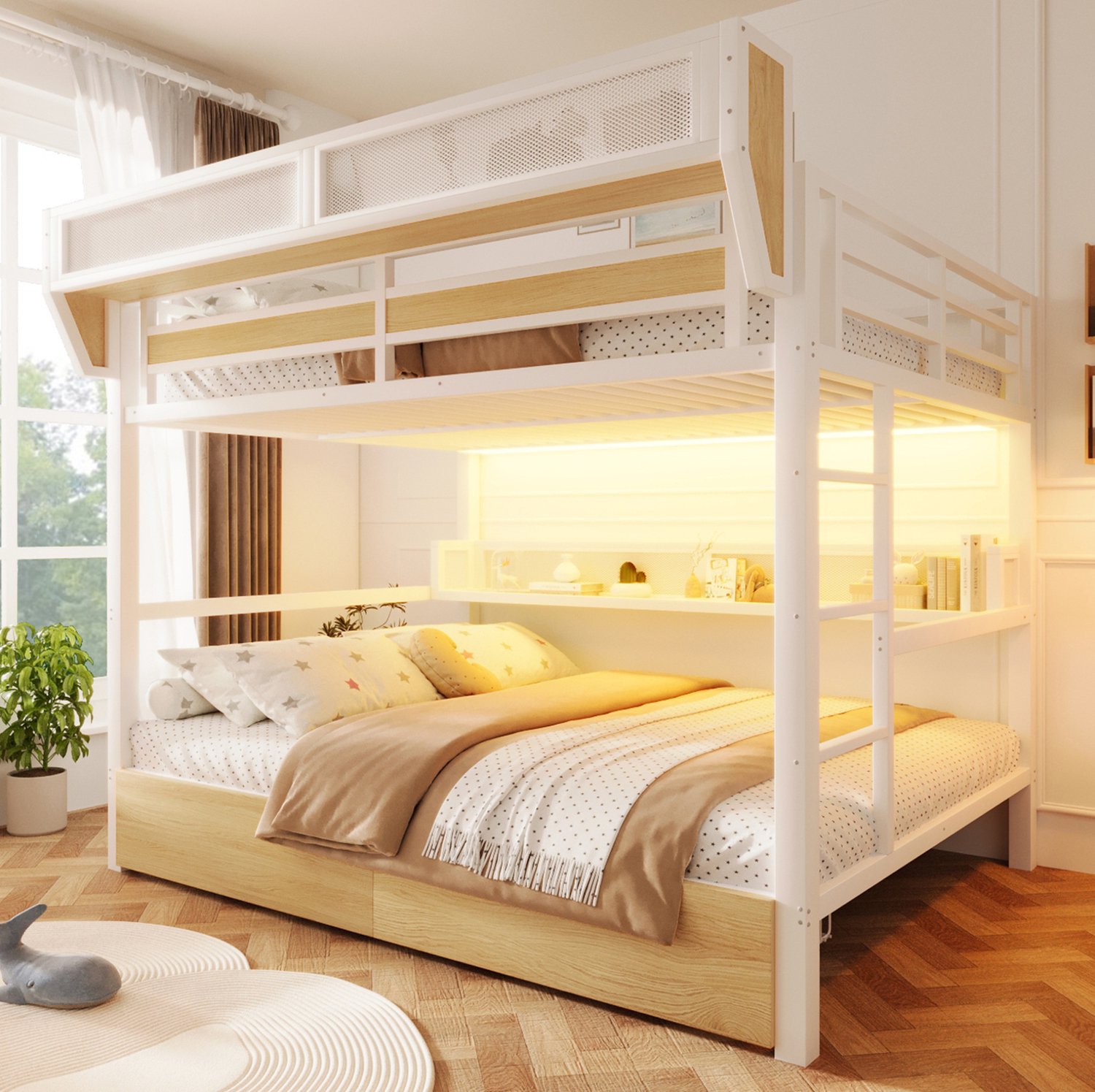 WUVRIE Stapelbed 140x200 cm - 2 lades, opbergmand en LED-verlichting - Wit