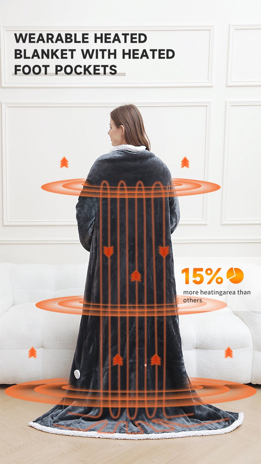 Elektrische Draagbare Warmtedeken met Mouwen en Voetenzak – Verwarmde Poncho met 8 Warmtestanden en Timer van 1–12 Uur – Machinewasbaar – 127 × 177 cm – foto 2
