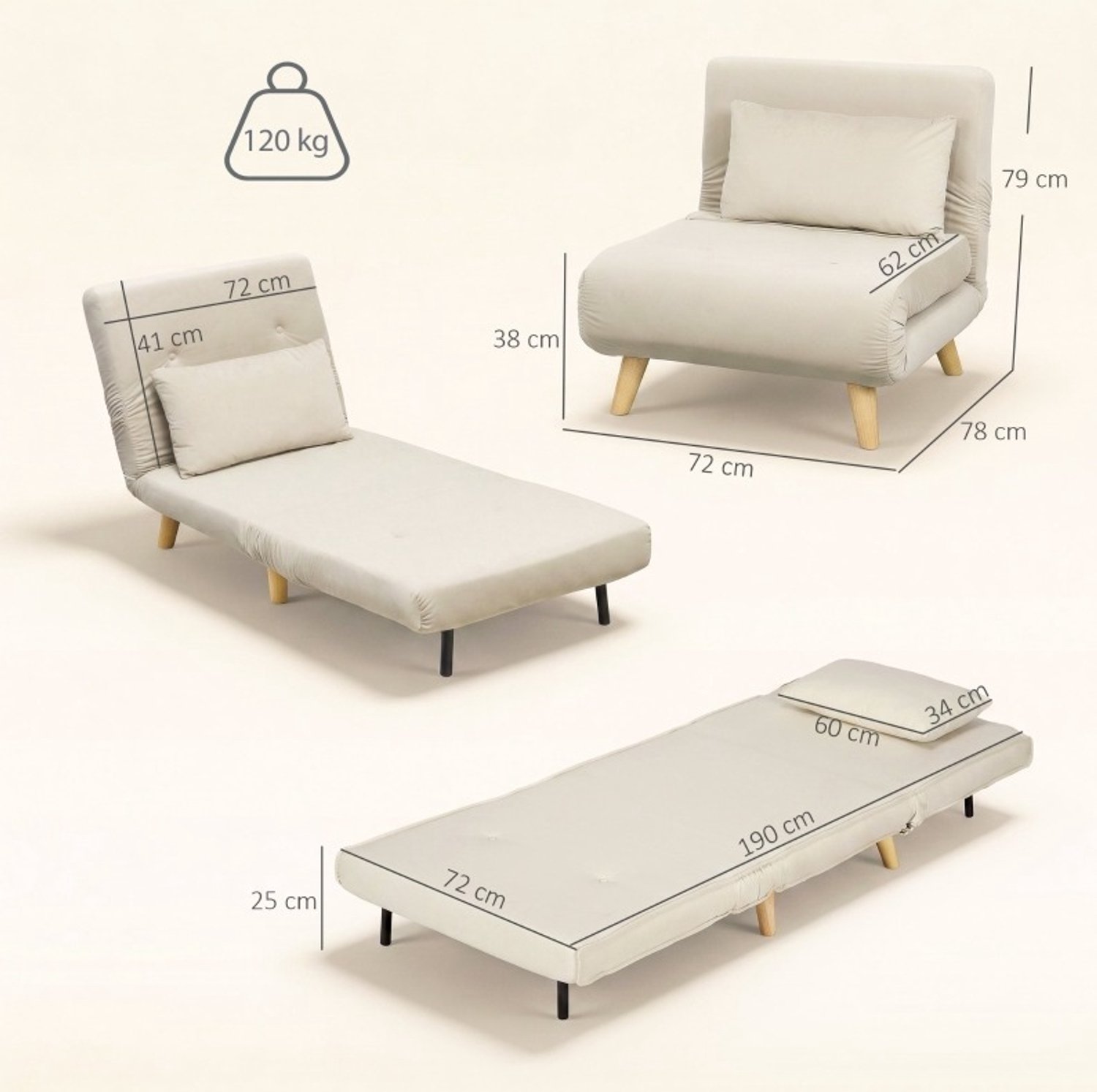MIVRAY Slaapfauteuil 72 x 78 x 79 cm - 6 Standen Verstelbare Rugleuning - Gastenbed Voor Woonkamer En Logeerkamer - Fluweel Beige