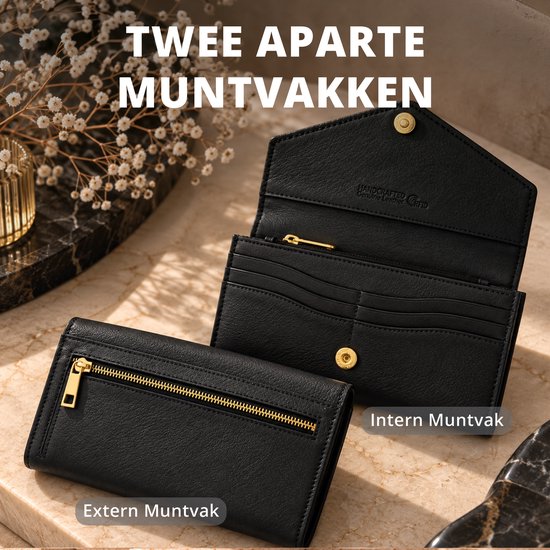 Twee zwarte leren portemonnees, een toont het interne muntvak, de ander toont het externe ritsvak.