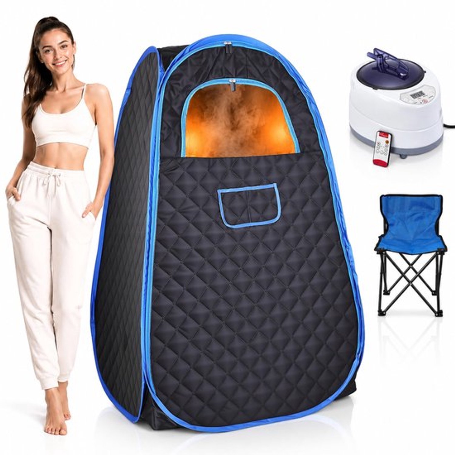 Draagbare stoomsauna thuis, opvouwbare stoomsaunabine met 2 l, 1000 W stoomgenerator, afstandsbediening, 9 temperatuurniveaus, timer 0-99 minuten, saunatent met stoel voor ontgifting, afvallen