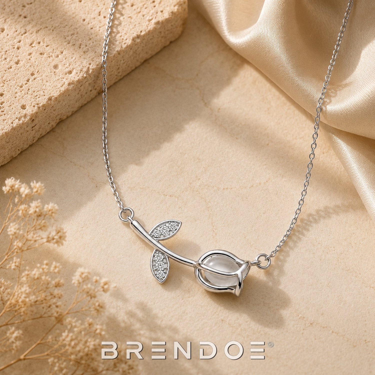 Brendoe Zilverkleurige Tulp Ketting Dames – Bloem Hanger met Zirkonia – 201 RVS – Verstelbare Halsketting 41+5 cm