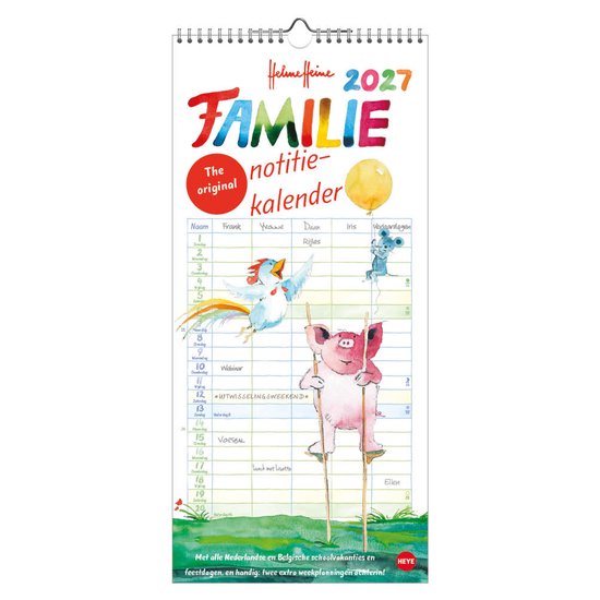 Helme Heine familie 2027 kalender met illustraties van een varken op stelten en een vogel, met vakjes voor notities.