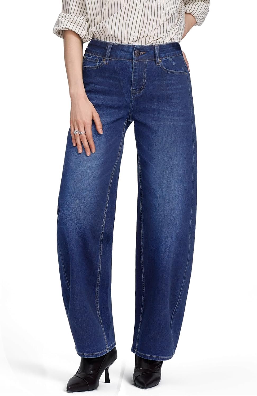 Waist stretch jeans, wijde pijpen, baggy boyfriend stijl