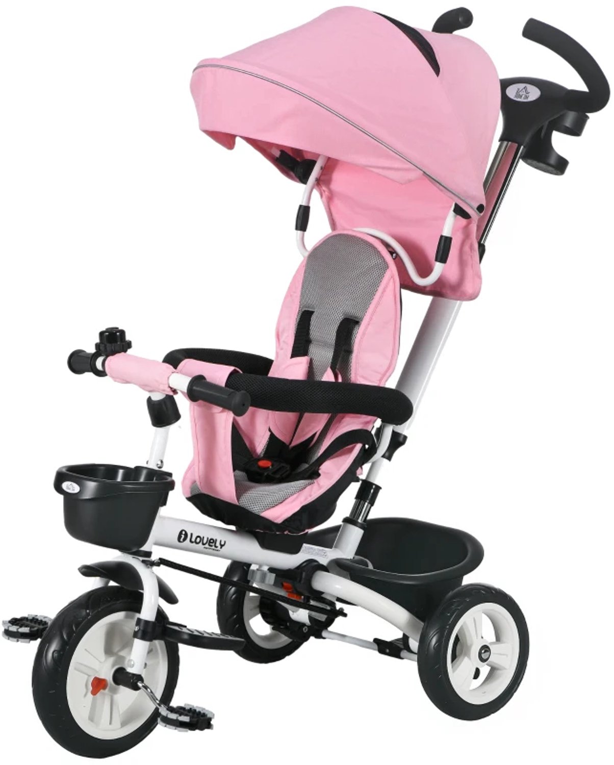 6-in-1 kinderdriewieler - Duwbeugel - Dak - Veiligheidsriem - Opbergmand - Vanaf 18 maanden - Roze