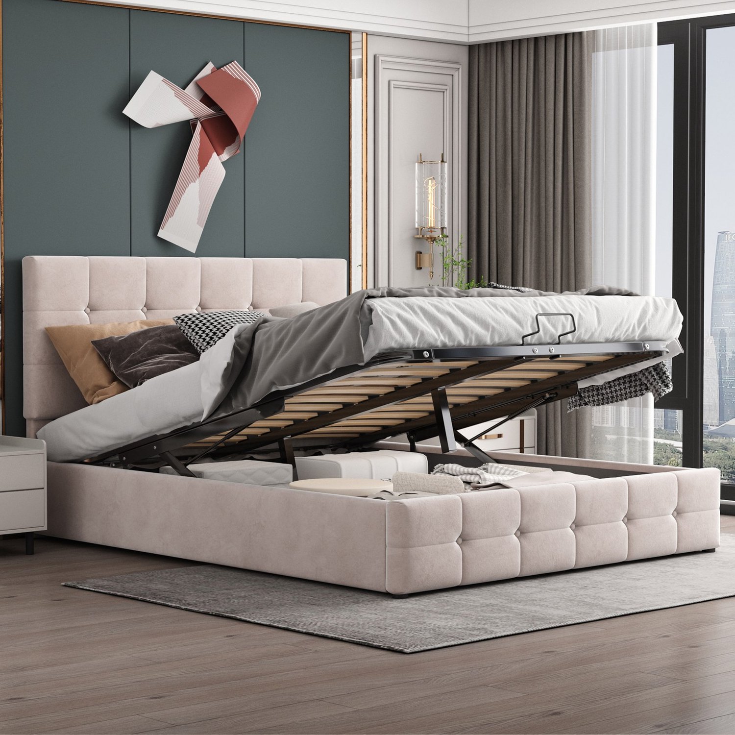 Gestoffeerd bed 140x200 cm - hydraulische opbergruimte - verstelbaar hoofdbord - fluweel - crèmewit