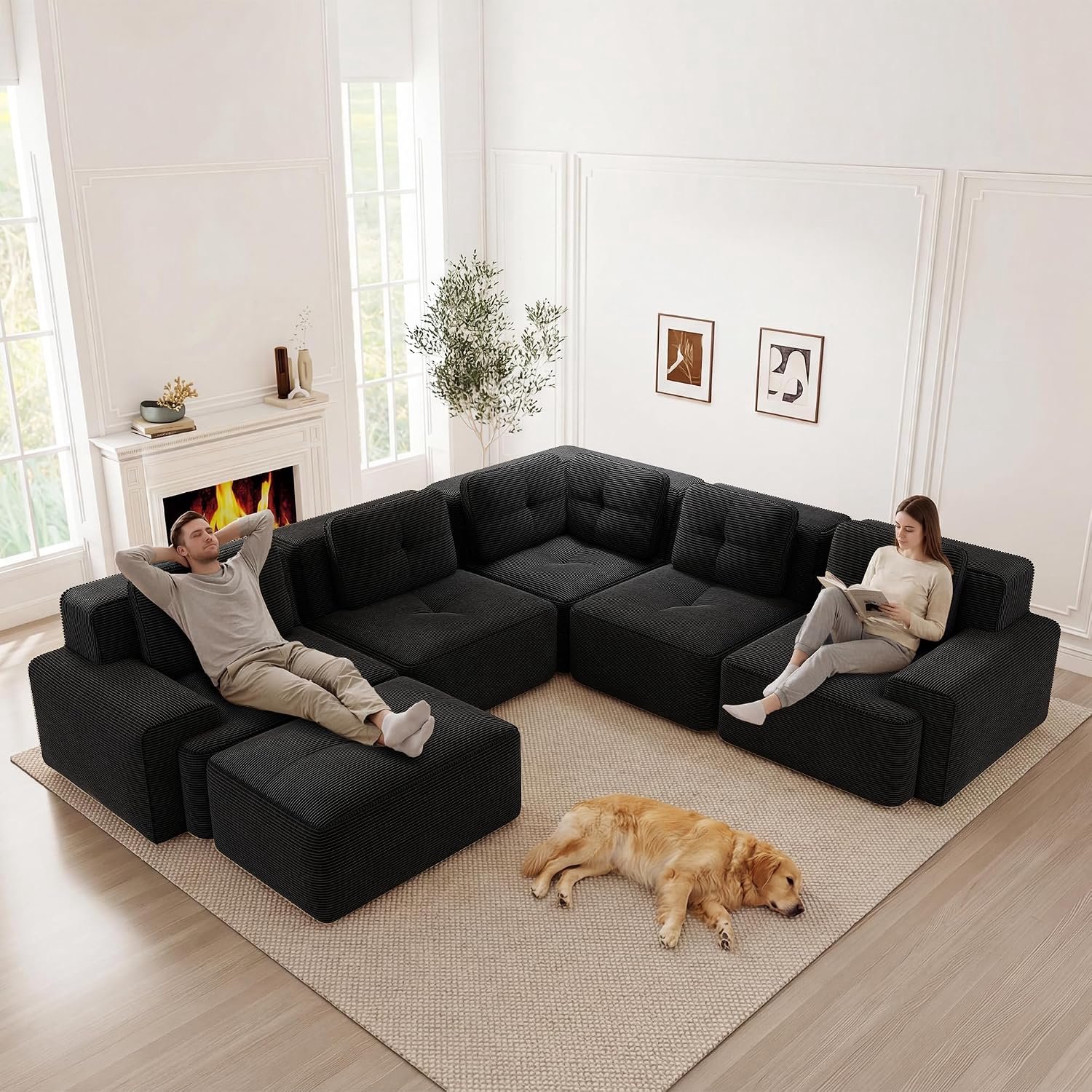 Hoekbank met hoge rugleuning, modulaire combineerbare corduroy bank voor woonkamer en kantoor, wolkenzachte diepe zitbank zonder opbouw, zwart, 5-zits