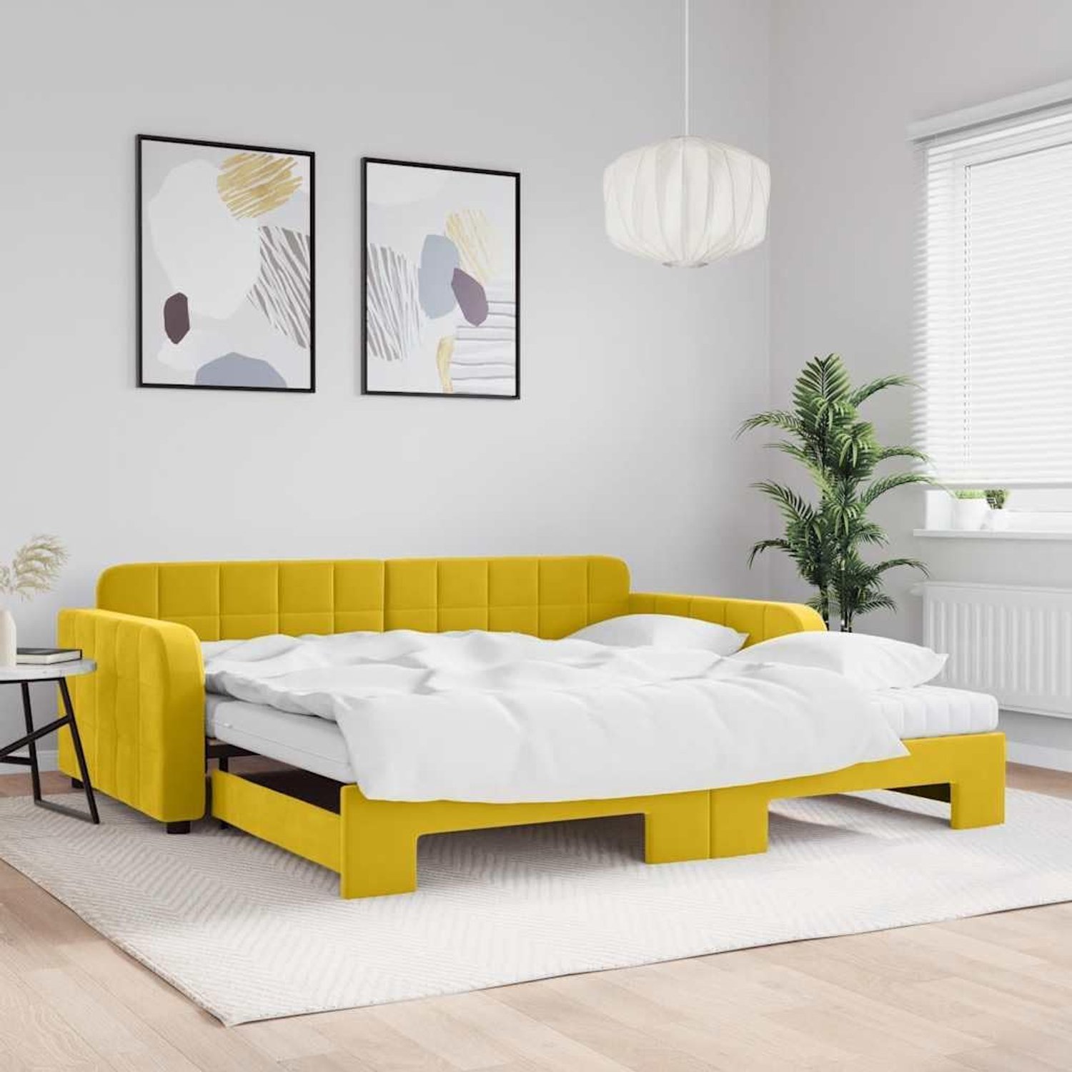 Fluwelen 2 in 1 slaapbank met onderschuifbed geel 100x200 cm