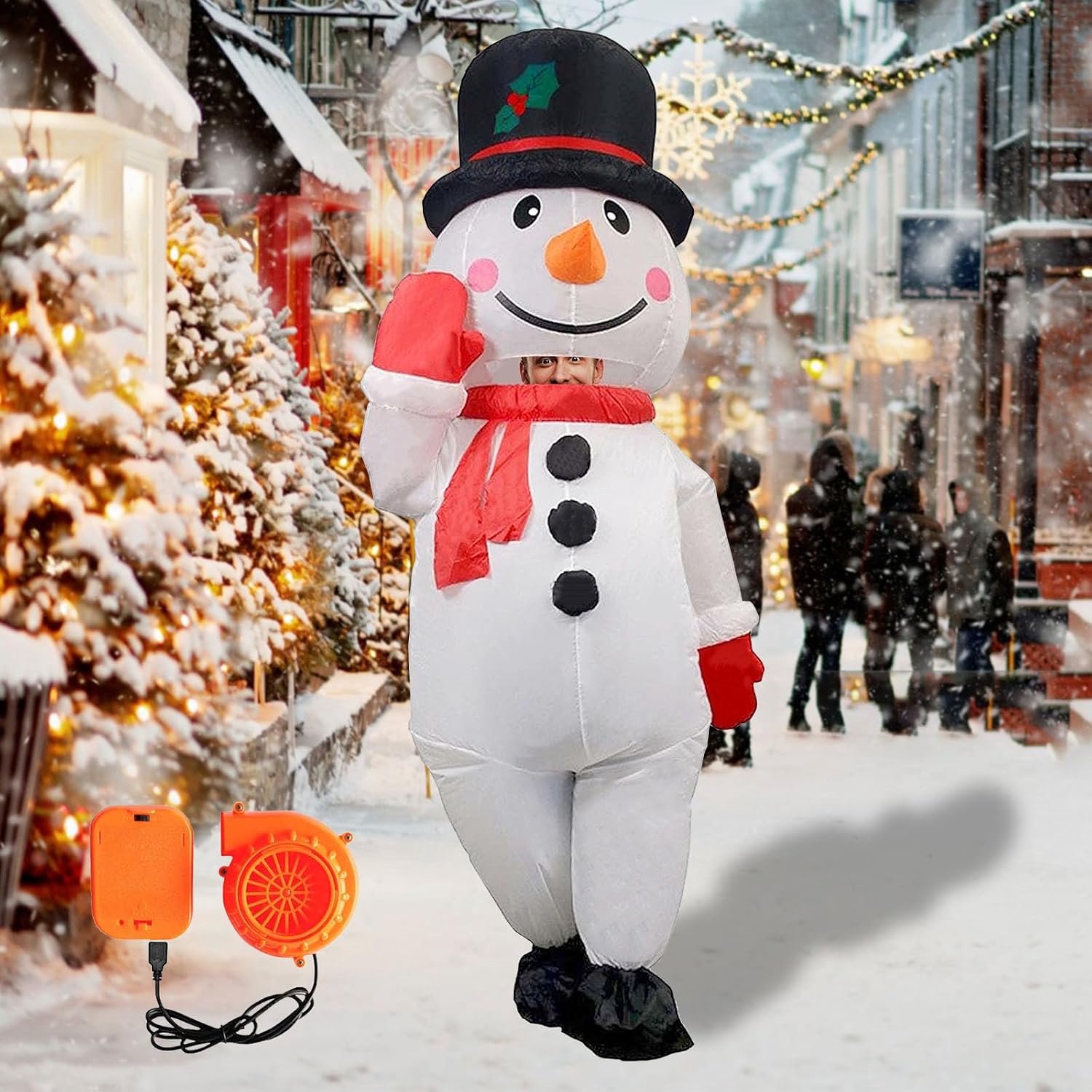 Sneeuwpopkostuum, opblaasbaar kerstkostuum voor volwassenen, opblaasbaar kostuum, werkt op batterijen, wit, sneeuwpop, opblaaspak voor Kerstmis, Halloween, verkleedfeest, verjaardag