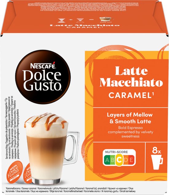 Doos Nescafé Dolce Gusto Latte Macchiato Caramel. Voorkant met een glas karamel latte macchiato, Nutri-score en 8 cups.