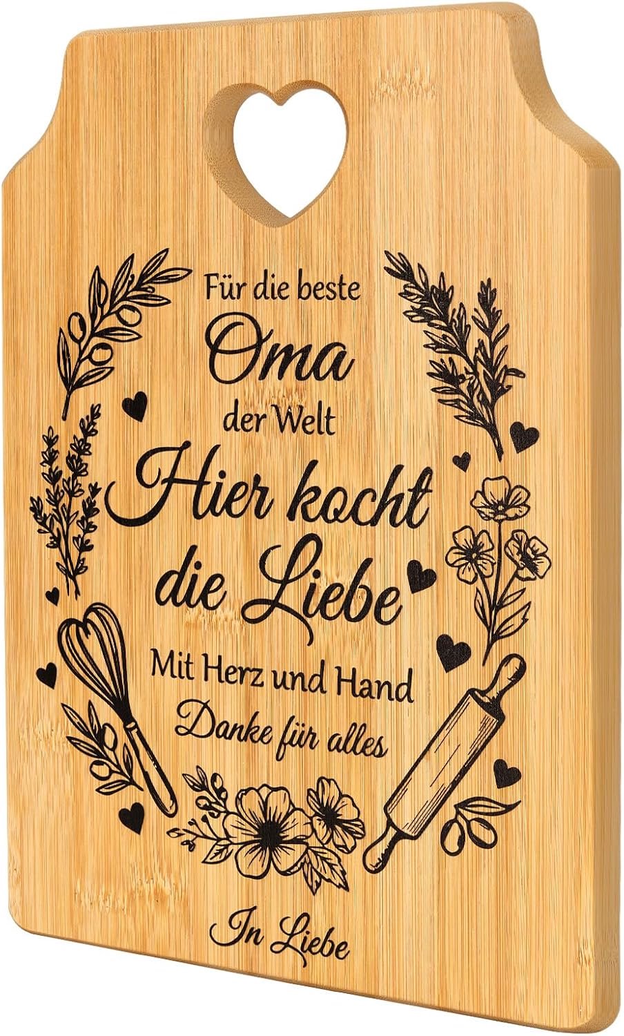 Snijplank voor oma, cadeau voor de beste oma ter wereld, keukenplank met hartvormige handgreep en bloemenkrans, cadeau voor verjaardag, Moederdag en Kerstmis