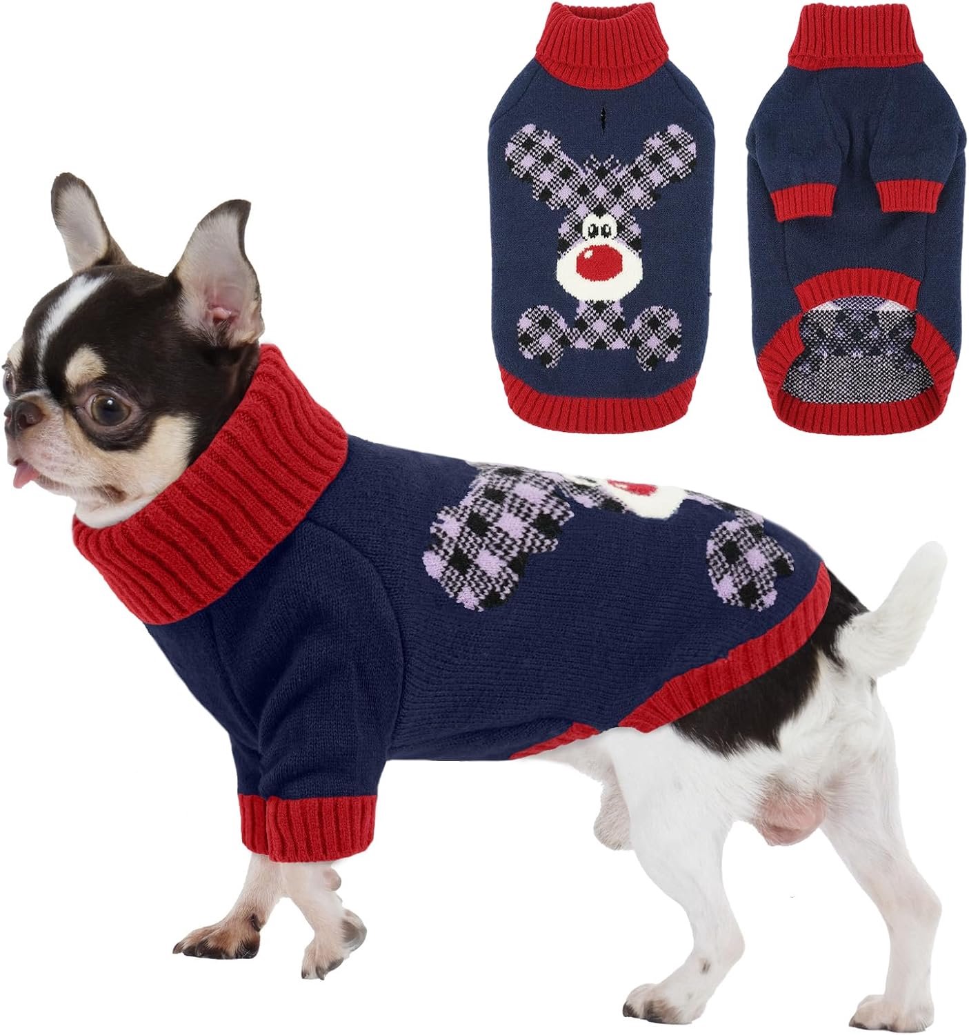 Kersttrui voor honden, feestelijk rendier en tartan gebreid, dik en warm met riemgat | Hoge hals | Ideaal voor Pommeren, Yorkshire terriër, speelgoedpoedel (marineblauw, S)