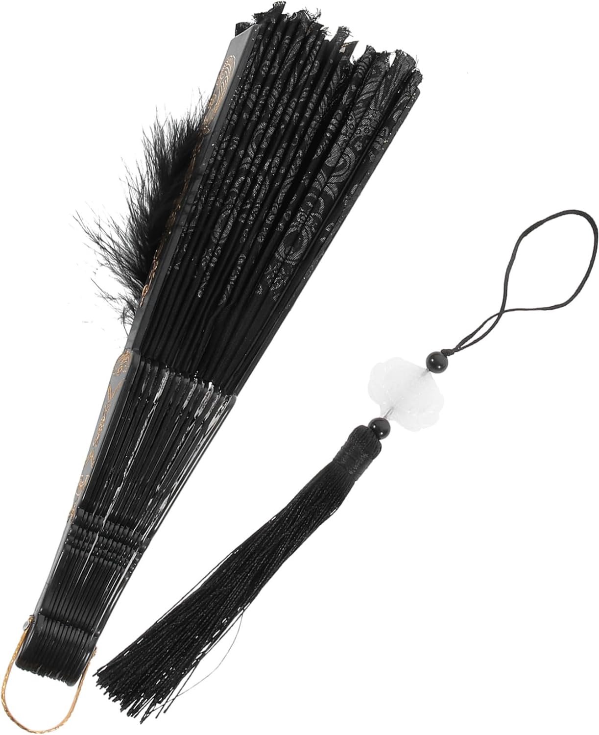 Plume Vouwwaaier met Borduurde Bloem Vintage Stijl Handwaaier met Zwarte Gouden Veren Lichtgewicht Draagbaar voor Bruiloften Optredens Feestdecoratie