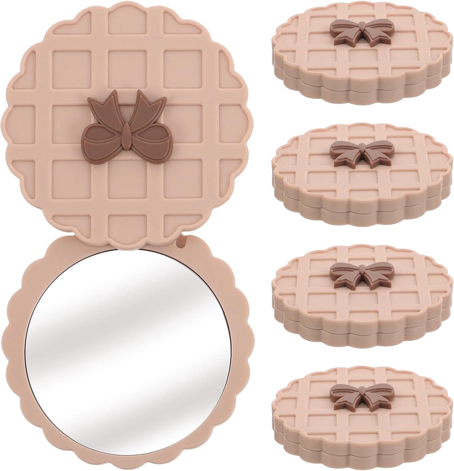 5 stuks zakspiegeltjes: 7,5 cm schattig wafelvormig compact spiegeltje met strikdecoratie voor snelle make-up touch-ups voor vrouwen en meisjes, dubbelzijdig en zakformaat, draaibaar om te