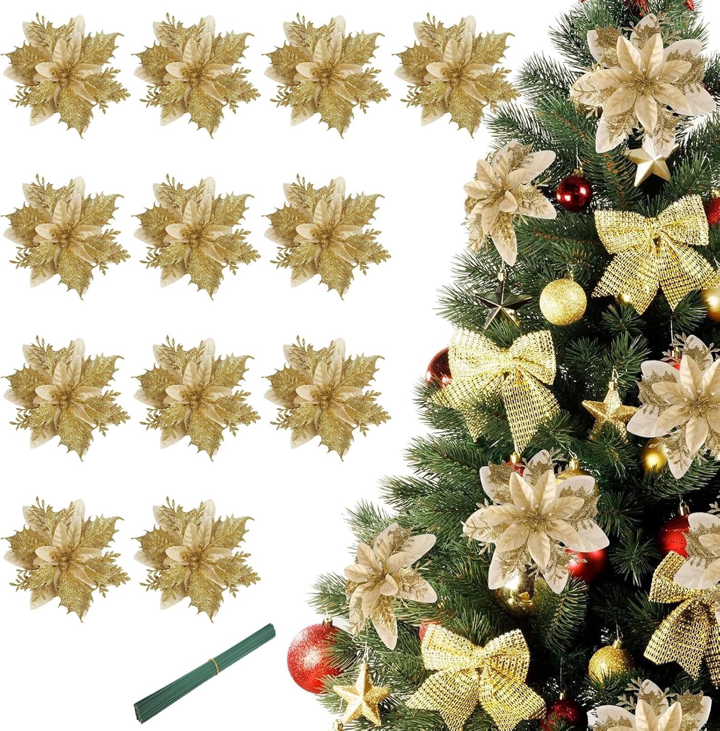 Glitter kerstster bloemen, 12 stuks 13 cm (goud)